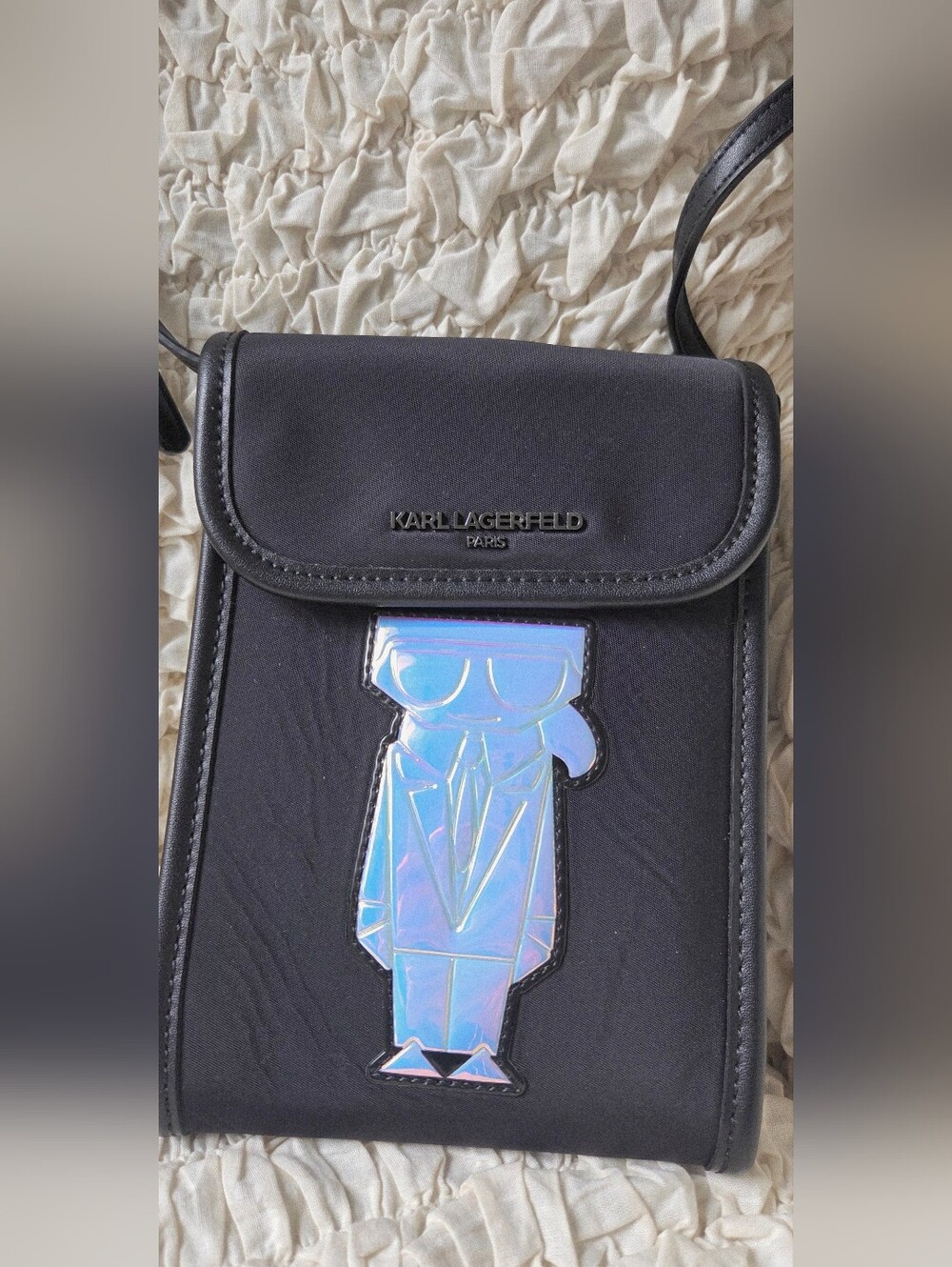 Karl Lagerfeld Paris Black Maybelle Crossbody Phone Bag with Iridescent Graphic